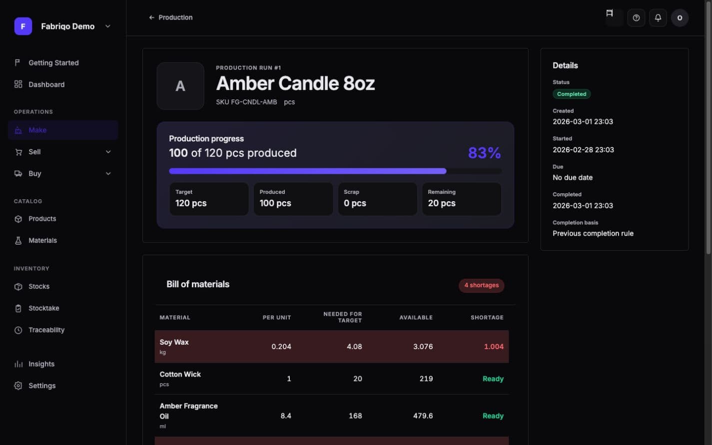 Fabriqo production run showing progress, bill of materials, material availability and cost data