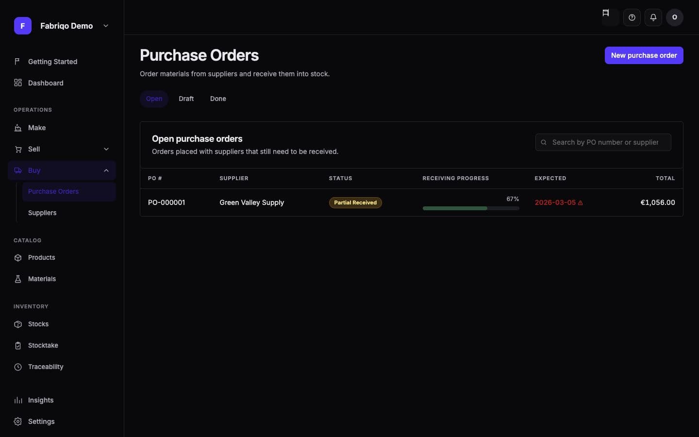 Fabriqo purchase order view showing supplier, receipt progress, expected date and total