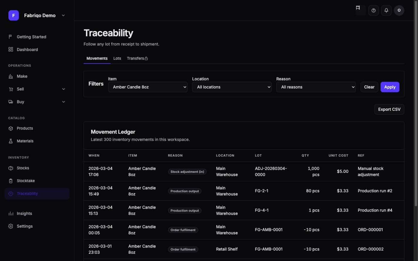 Fabriqo movement ledger tracing an Amber Candle lot across production, locations and order fulfillment